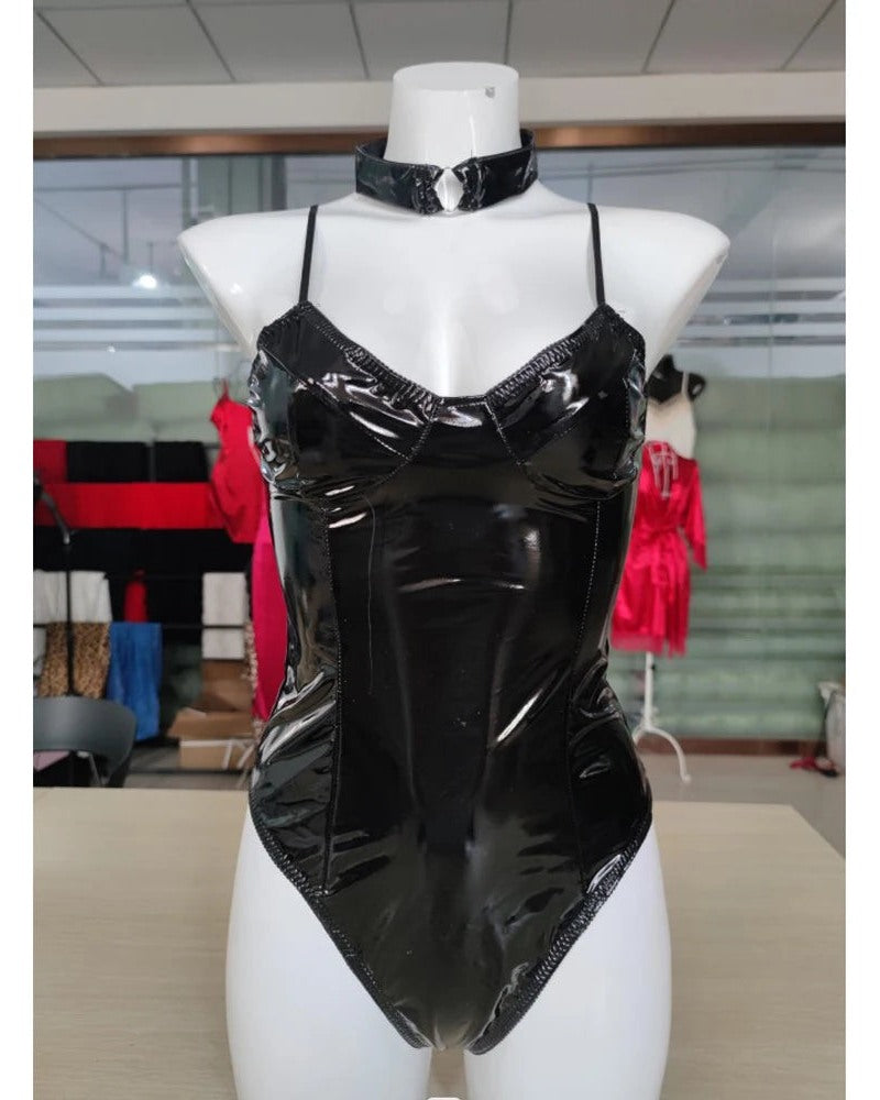 Black wet-look bustier bodysuit on mannequin, front view.