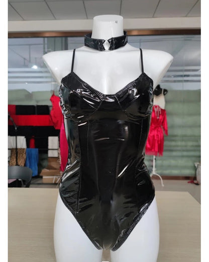 Black wet-look bustier bodysuit on mannequin, front view.