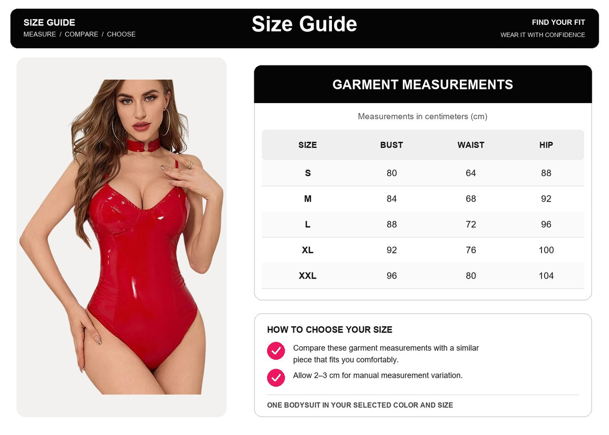 Wet-look bustier bodysuit garment measurements in cm for sizes S to XXL, with model cutout.