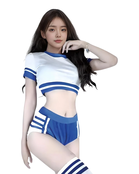 Woman wearing a blue and white sports outfit on a white background