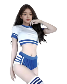 Woman wearing a blue and white sports outfit on a white background