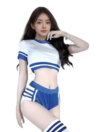 Woman wearing a blue and white sports outfit on a white background