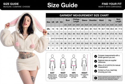 Garment measurement size guide for the white bunny-ear hoodie and matching mini skirt