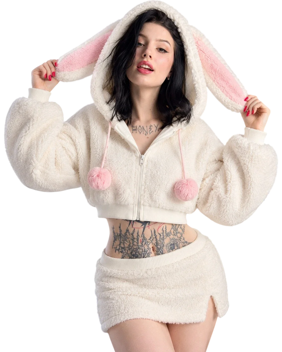 Transparent-background hero image of white bunny-ear hoodie and matching split mini skirt