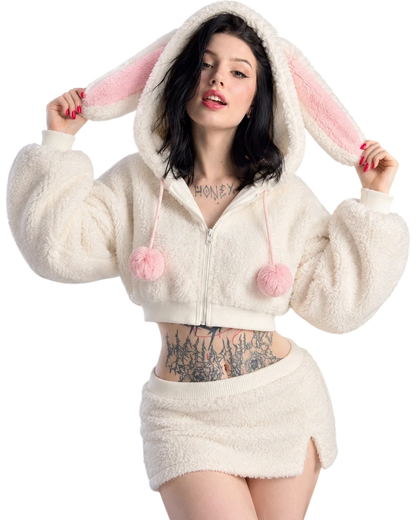Transparent-background hero image of white bunny-ear hoodie and matching split mini skirt