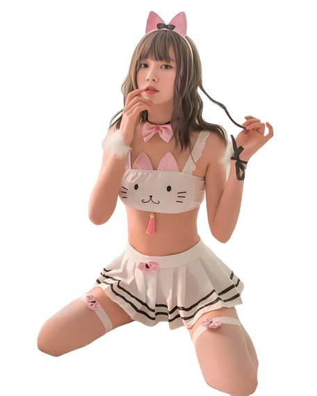 Person wearing a cat-themed outfit with a white background