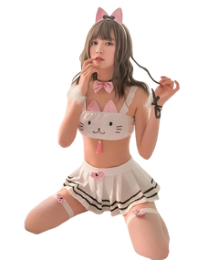 Person wearing a cat-themed outfit with a white background