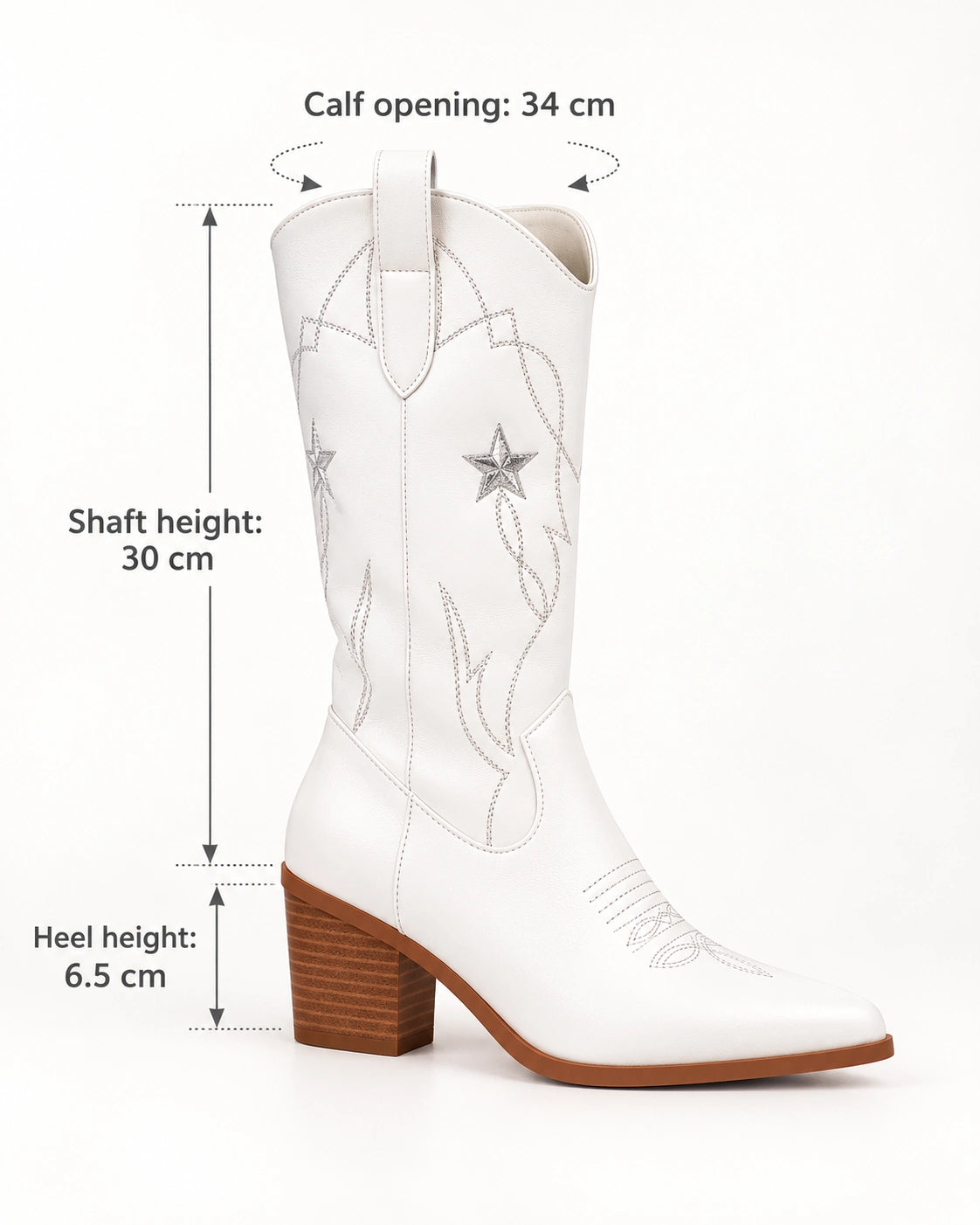 White boot measurement image showing 30 cm shaft, 34 cm calf opening and 6.5 cm heel