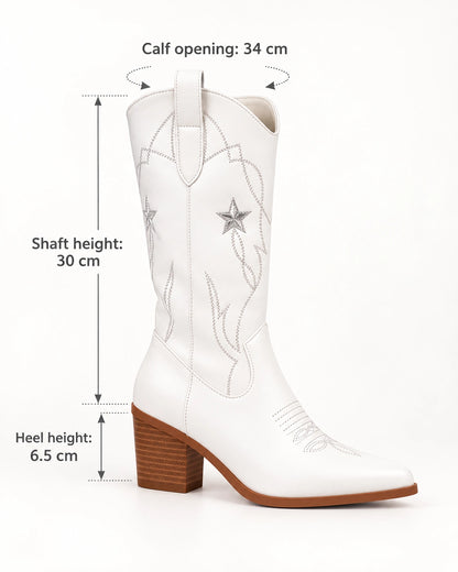White boot measurement image showing 30 cm shaft, 34 cm calf opening and 6.5 cm heel