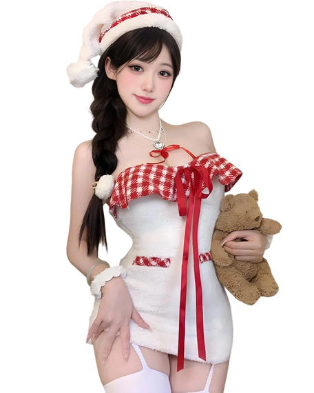 Woman in a festive outfit with a red and white checkered top and white skirt, holding a teddy bear.