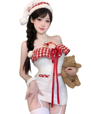 Woman in a festive outfit with a red and white checkered top and white skirt, holding a teddy bear.