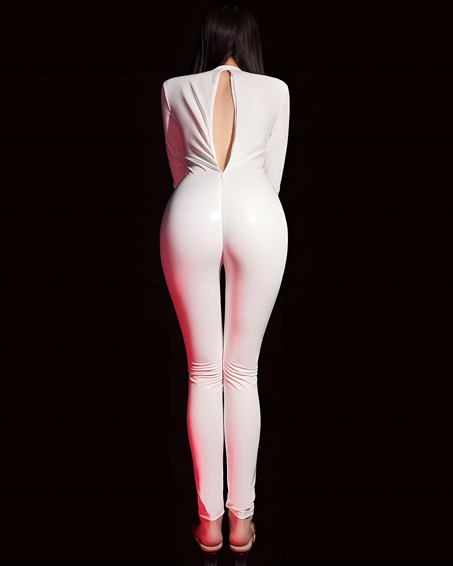 White bodysuit with cut-out design on a black background