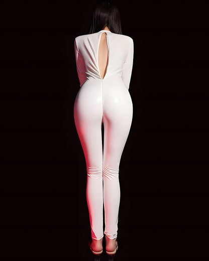 White bodysuit with cut-out design on a black background