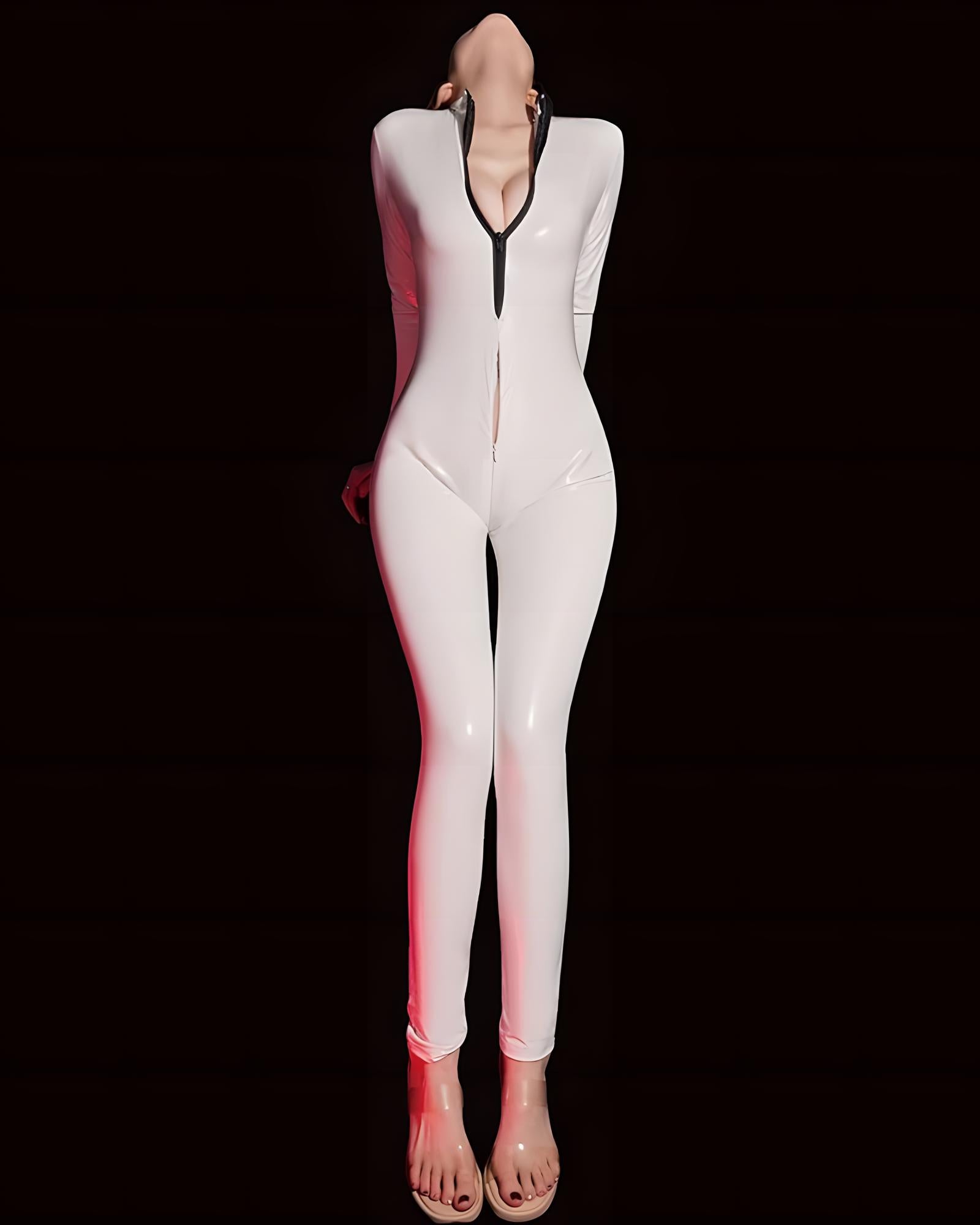 White bodysuit with red accents on a black background