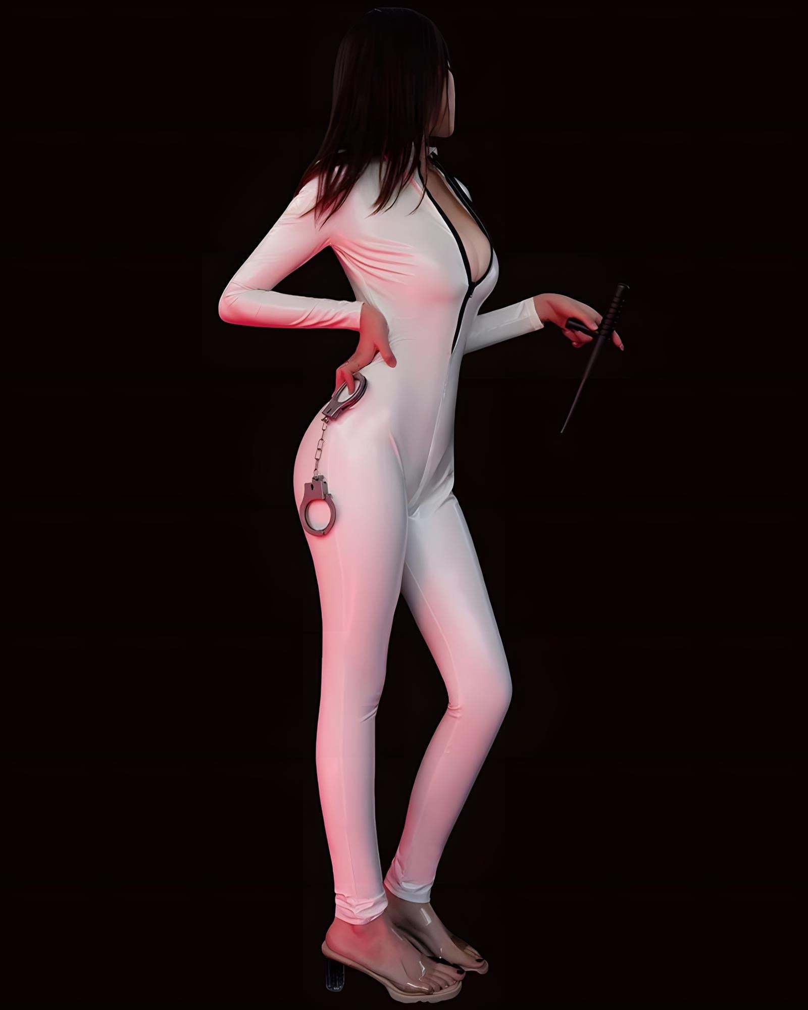 Person wearing a white bodysuit with a keychain on a black background