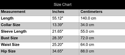 Size chart for clothing measurements in inches and centimeters