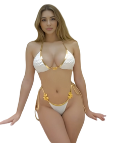 White push up swimsuit with triangle halter top, starfish metal detail, and gold contrast design