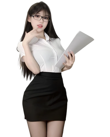 Woman in professional attire holding a document on a white background
