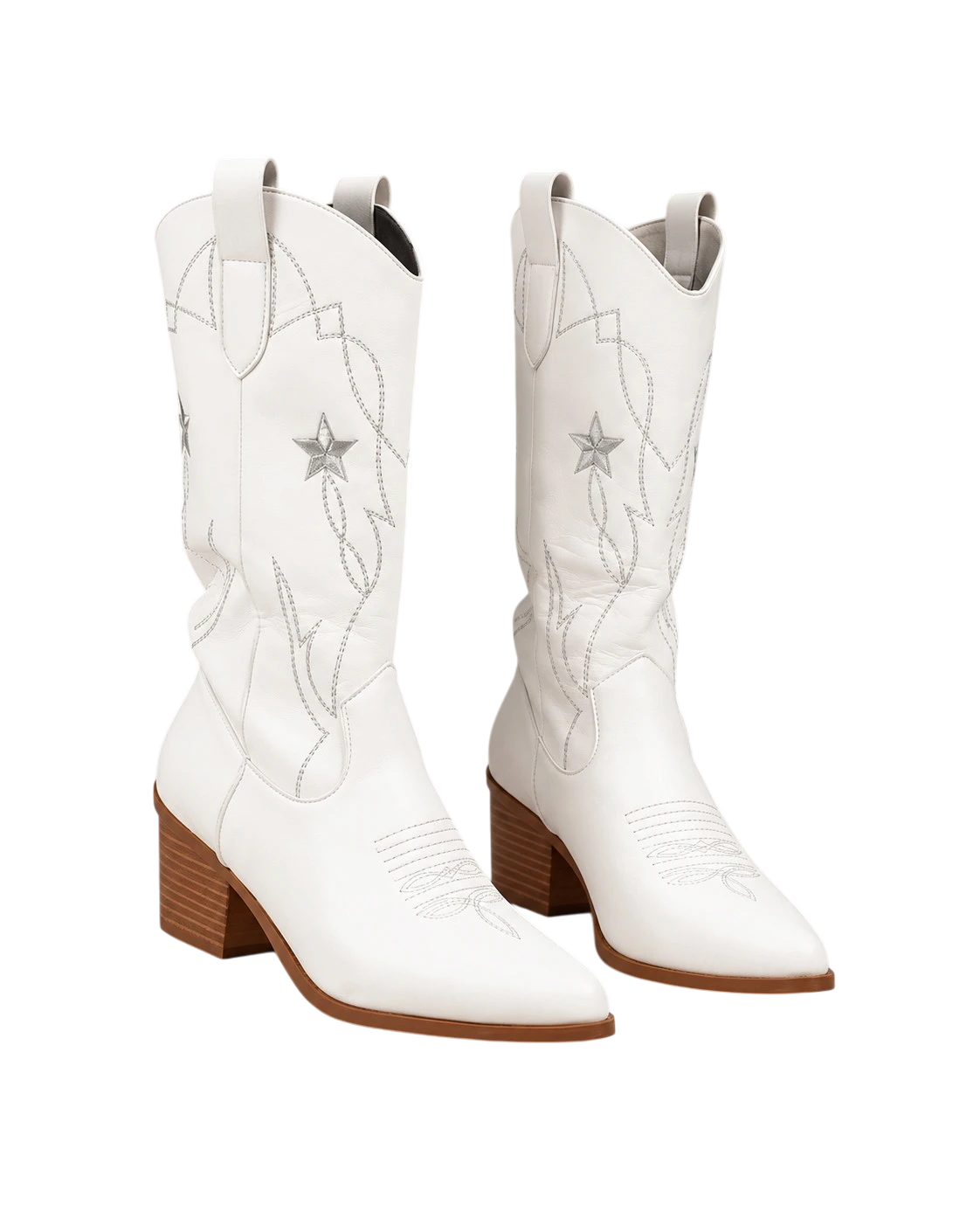 A pair of white leather cowboy boots with silver embroidered western patterns and star details, featuring brown stacked block heels, shown against a plain white background.