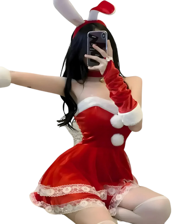 Womens Sexy Santa Dress - Red Bunny Costume with Ears & Gloves, primary product view