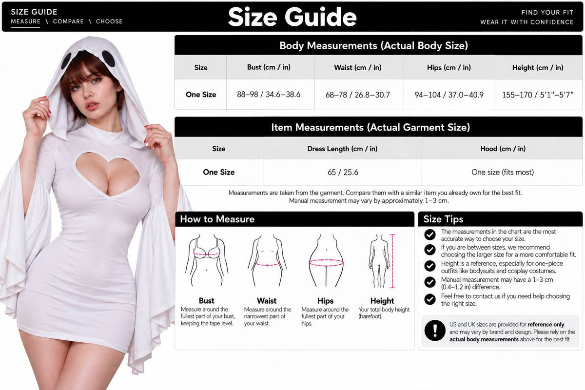 A size guide infographic for a hooded sweatshirt, featuring a woman wearing a white hoodie, a body measurements table, a how-to-measure diagram with body silhouette illustrations, and a size tips section.
