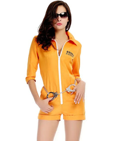 Woman wearing an orange jumpsuit with a brand logo, holding handcuffs on a white background